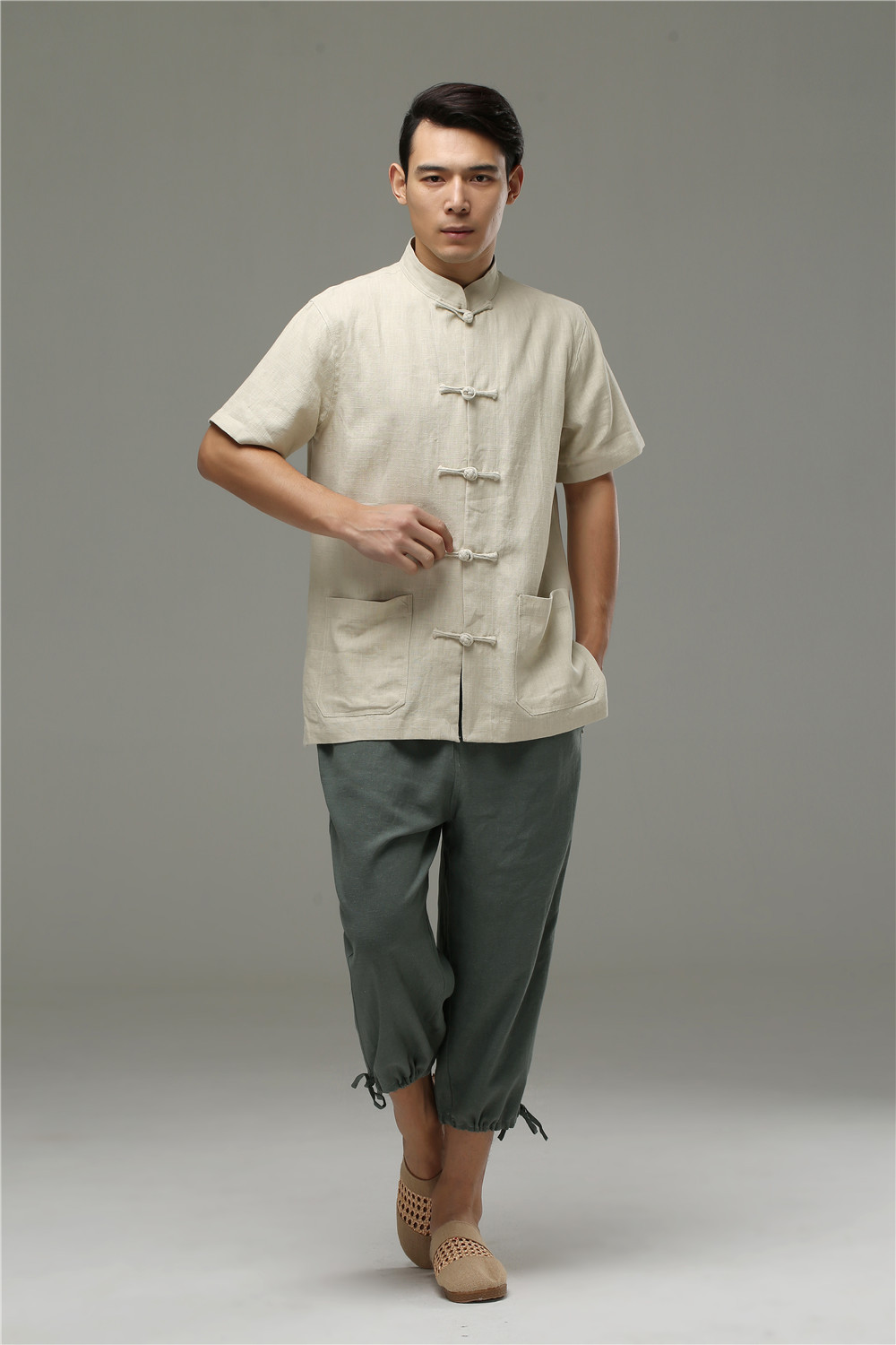 2018夏季新款纯麻对襟短袖上衣 中式盘扣对襟衬衫