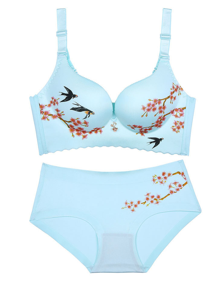 春夏新款印花梅花语文胸光面无痕无钢圈调整型聚拢文胸套装