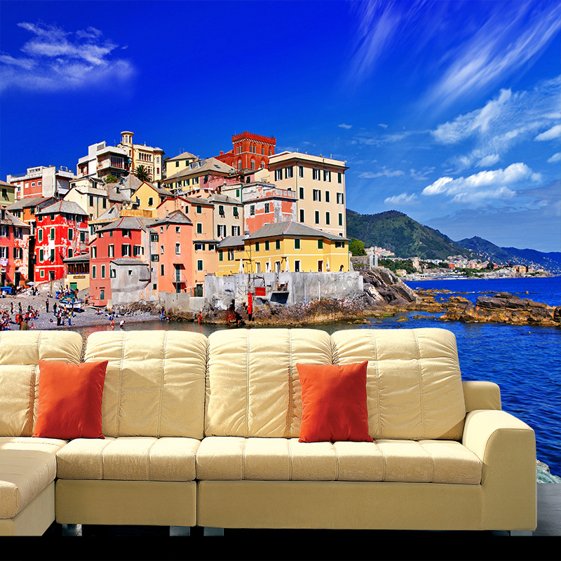 海边风景大型壁画3d无缝地中海建筑蓝天墙纸电视背景沙发卧室壁纸