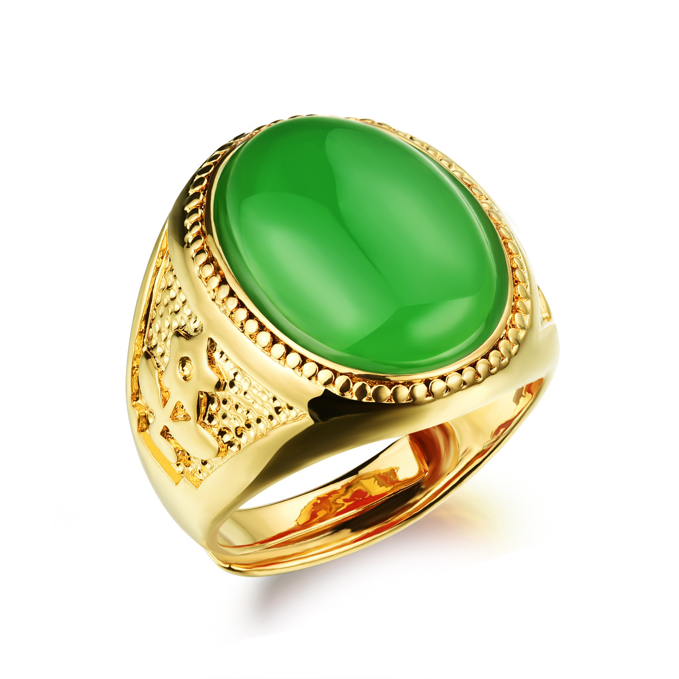 镀金男士镶绿宝石 宽火烧金霸气土豪金戒指 久不褪色kj035