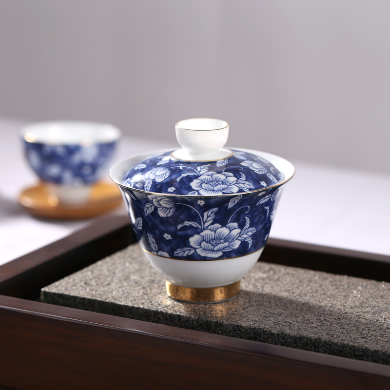 景德镇青花瓷茶具套组 青花陶瓷描金礼品功  【品名】:11头青花瓷盖碗