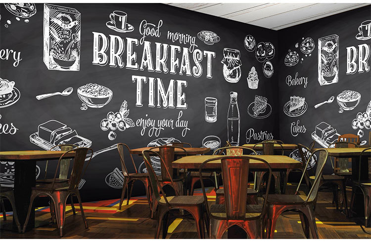 咖啡馆甜品店西餐厅背景墙纸早餐复古怀旧壁纸蛋糕涂鸦黑板3d壁画