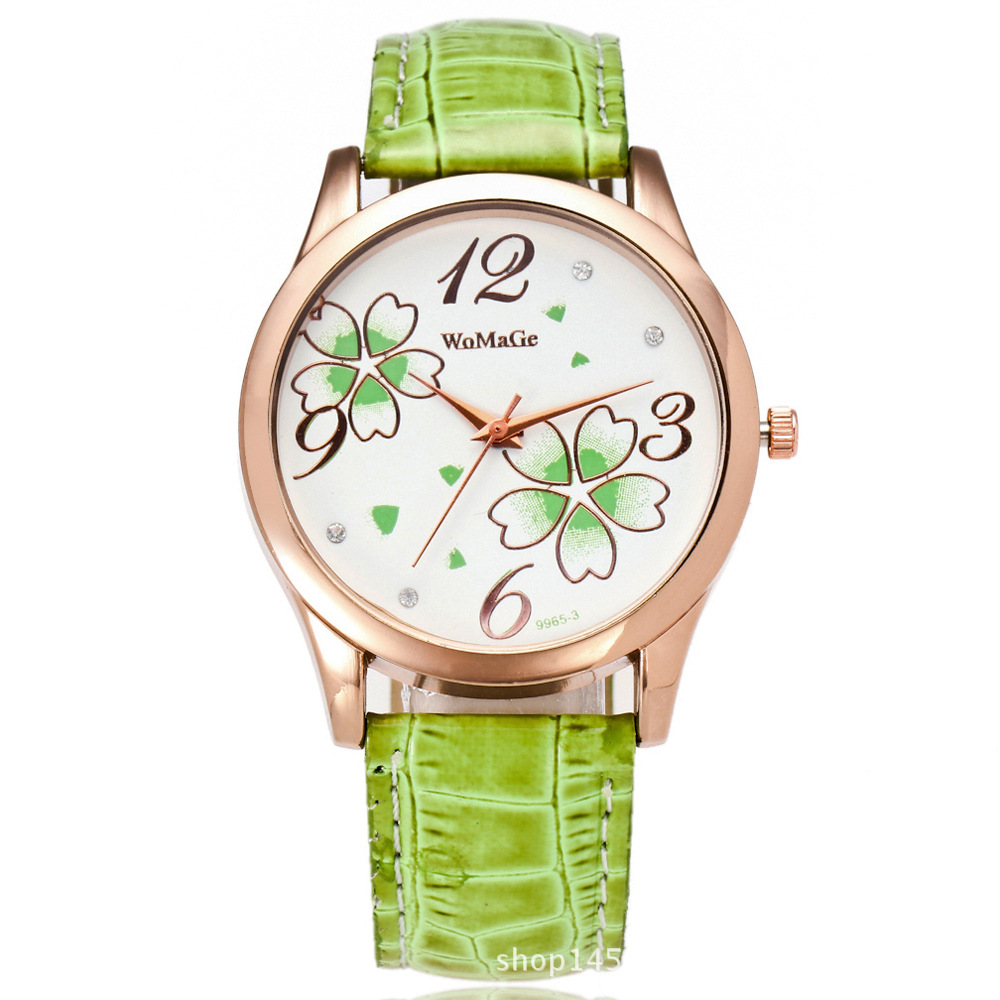 womage镶钻四叶草印花图案女士手表 韩版流行女士学生腕表