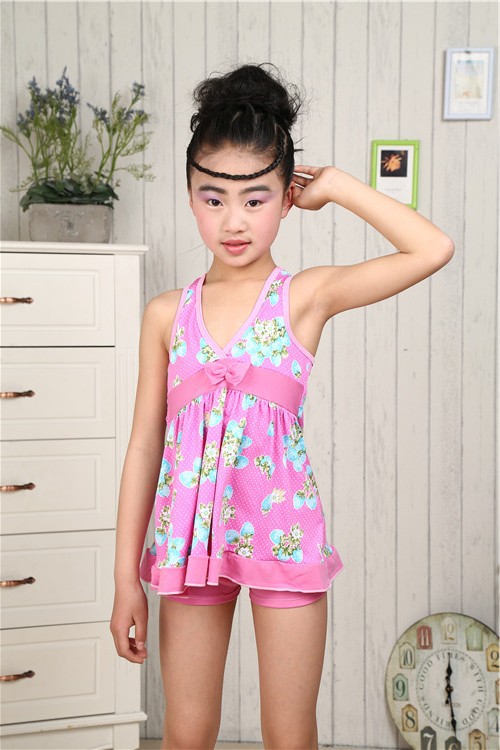 2016新款草霉图案中大童儿童泳衣 女童