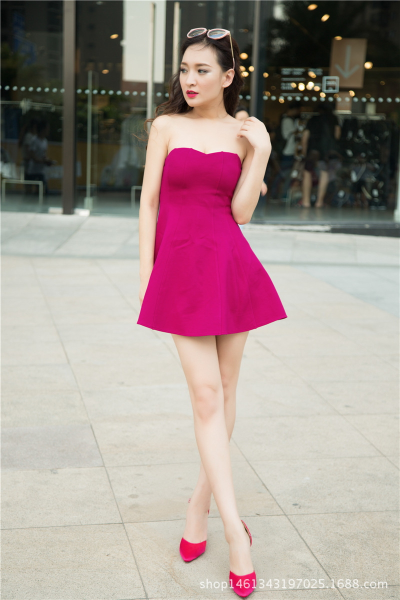 夜店女装大码欧美纯色露肩性感修身抹胸超短裙a字裙蓬蓬裙连衣裙