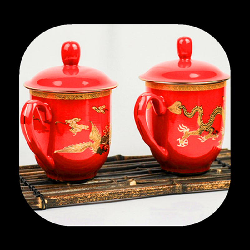 醴陵红瓷老板杯 陶瓷茶杯带盖诗词老板杯办公杯一件代发(x)