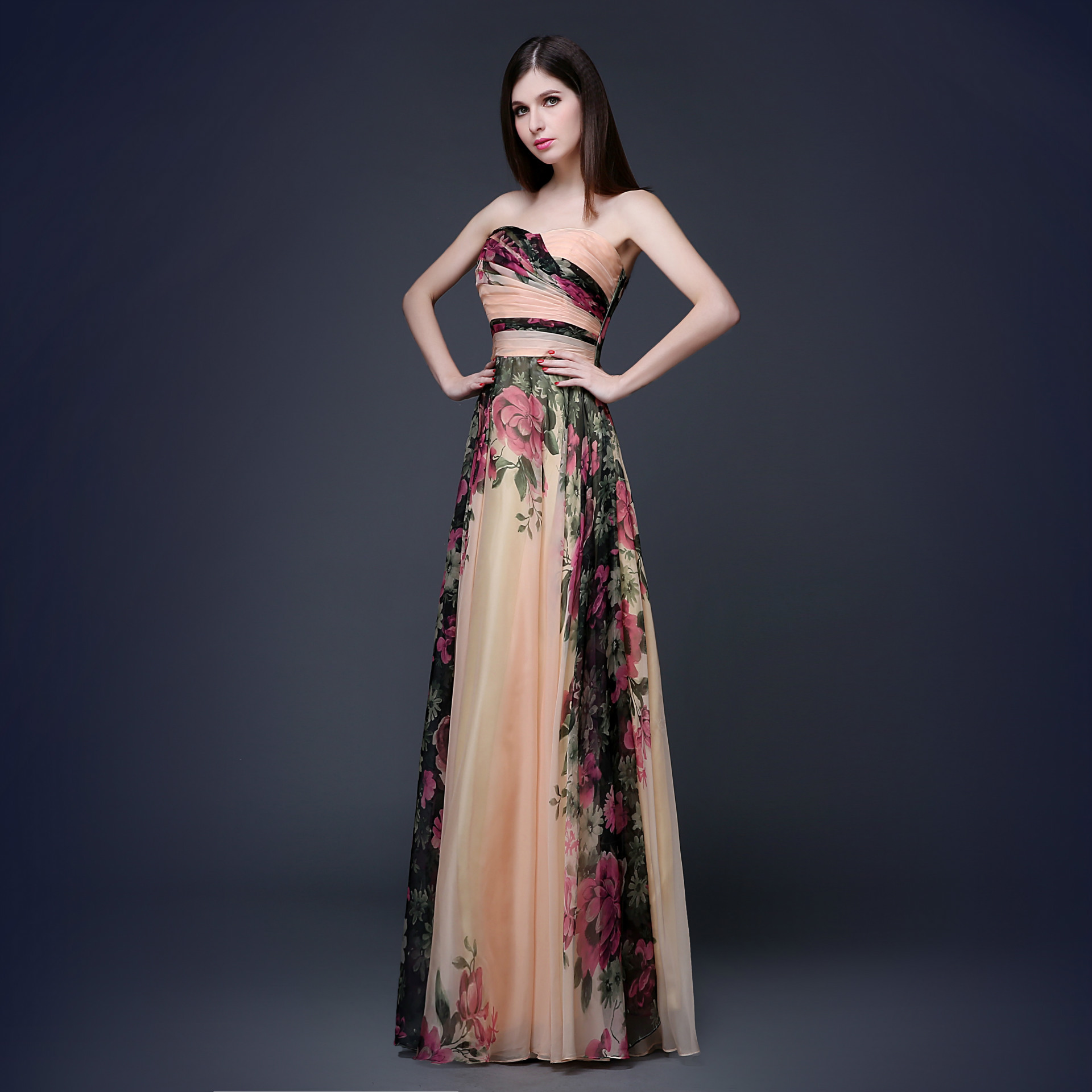 新品欧美外贸印花雪纺抹胸礼服 亚马逊速卖通专供晚礼服一件代发