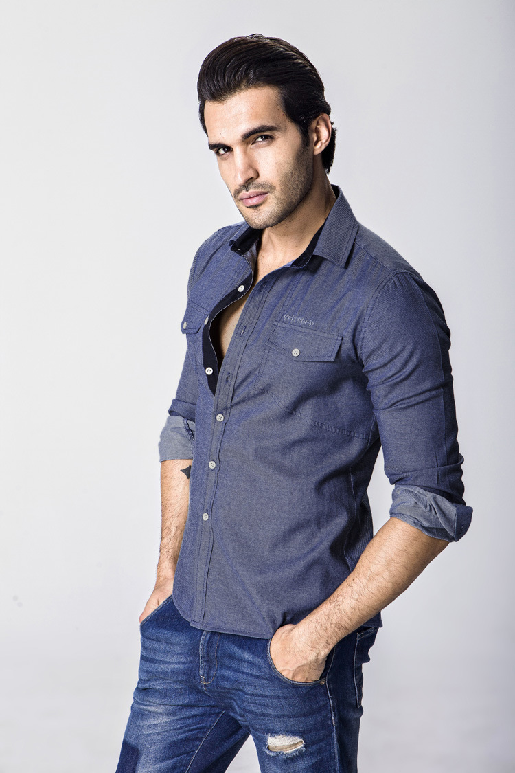 欧美风男士牛仔门襟撞色长袖衬衫时尚男装男