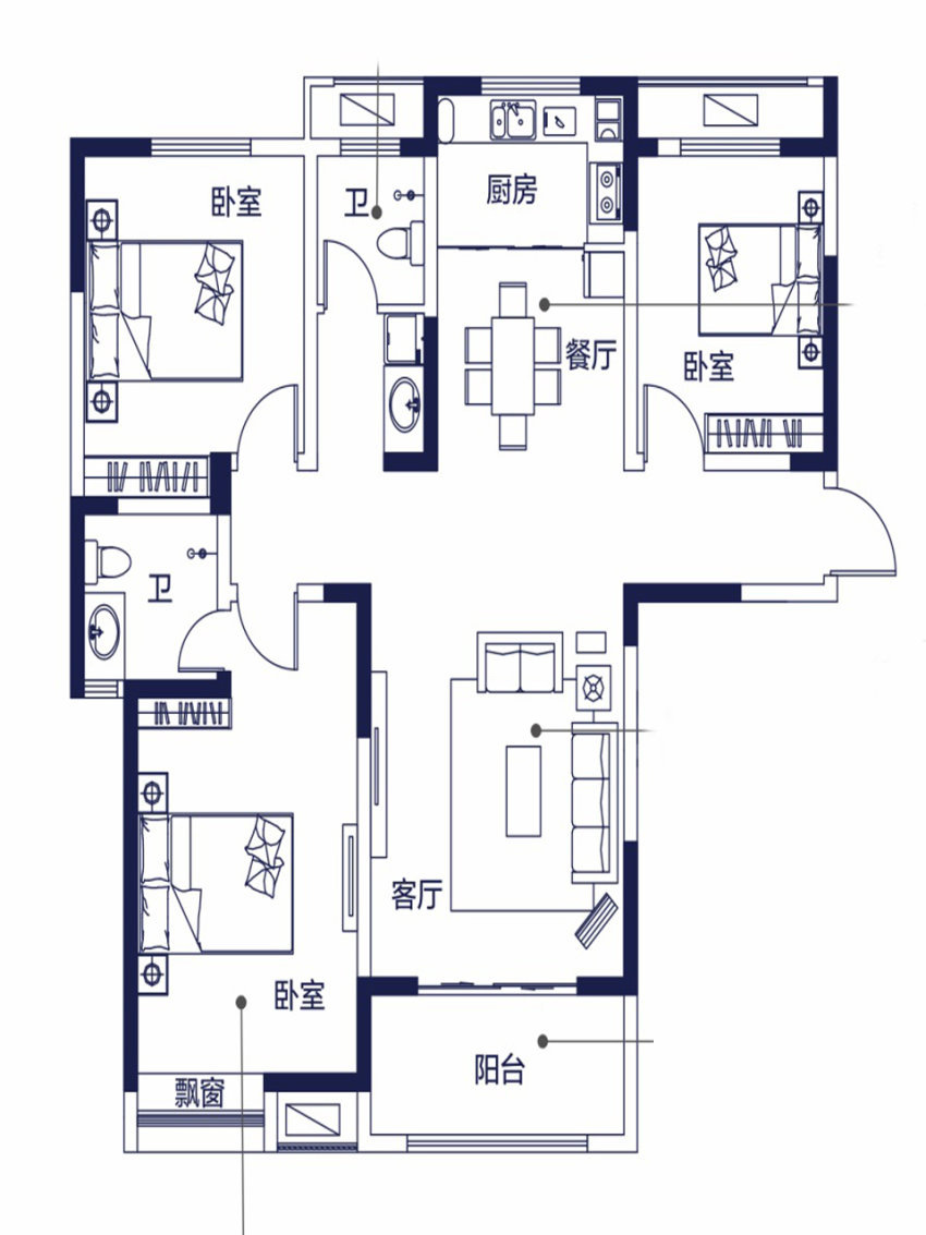 泰成悦府装修效果图平面户型布局图——三室两厅128平案例解析