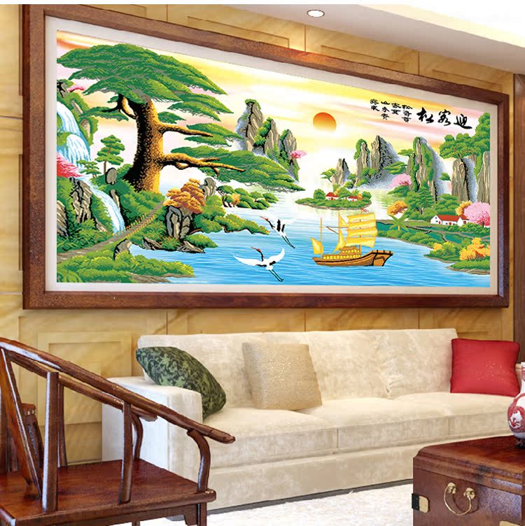 5d新款魔方圆钻石画满钻十字绣迎客松流水生财客厅风景客厅装饰画