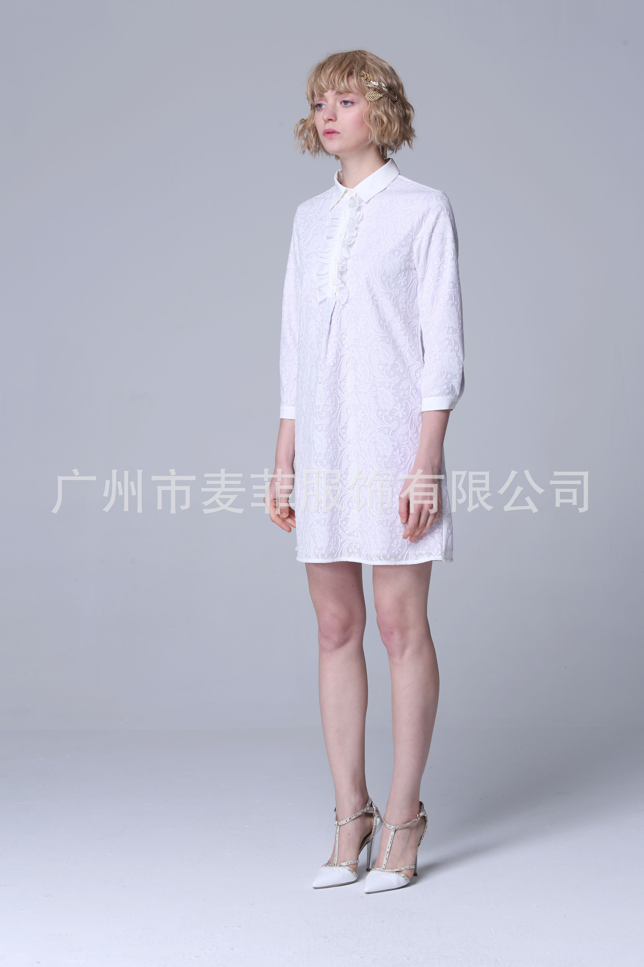 连衣裙-2016夏季新款提花荷叶边翻领欧美甜美