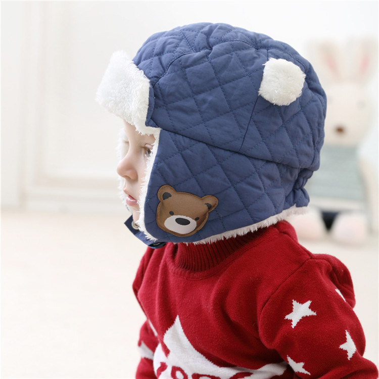 外贸藏青蓝色小熊儿童风雪帽童冬帽童帽