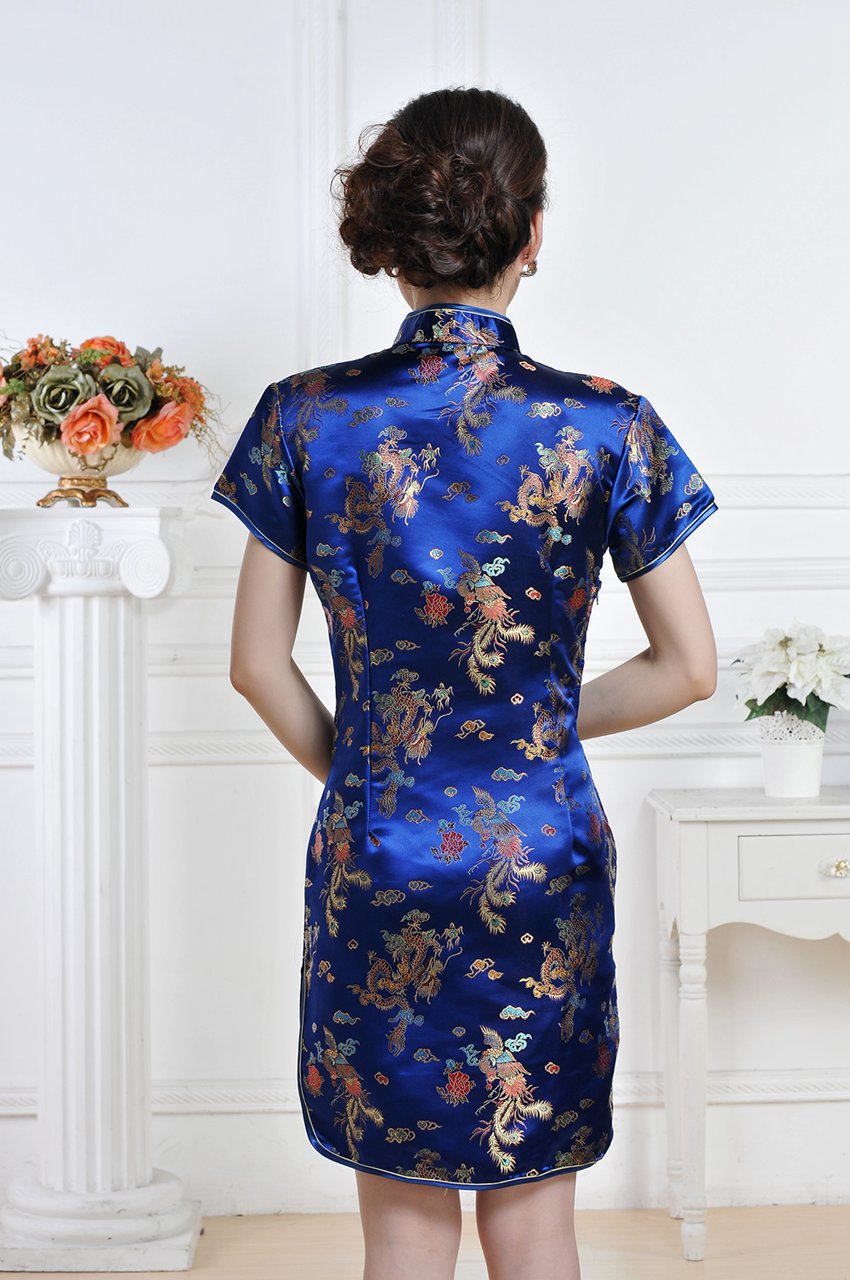 龙凤短旗袍 女士唐装夏装礼服斜襟短袖织锦缎演出服旗袍裙