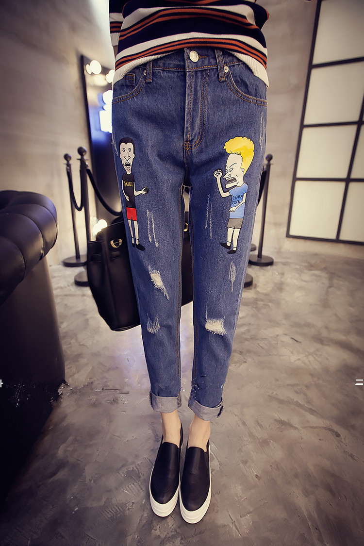 2016新款卡通印花宽松显瘦破洞哈伦裤 高腰牛仔裤现货批发