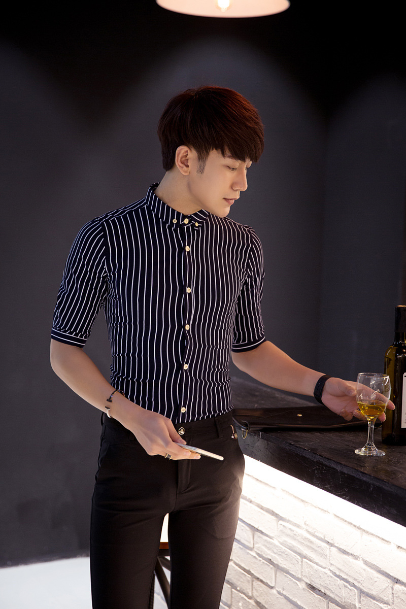 一件代发 暖男清晰小条纹时尚五分袖简约衬衫 韩国青年修身男衬衣