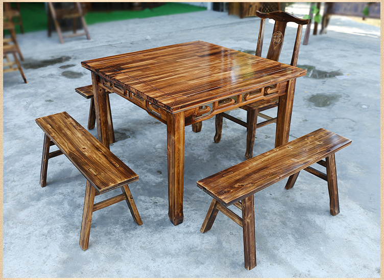 厂家批发实木餐桌椅组合仿古桌椅定制花边复古中式板凳方桌