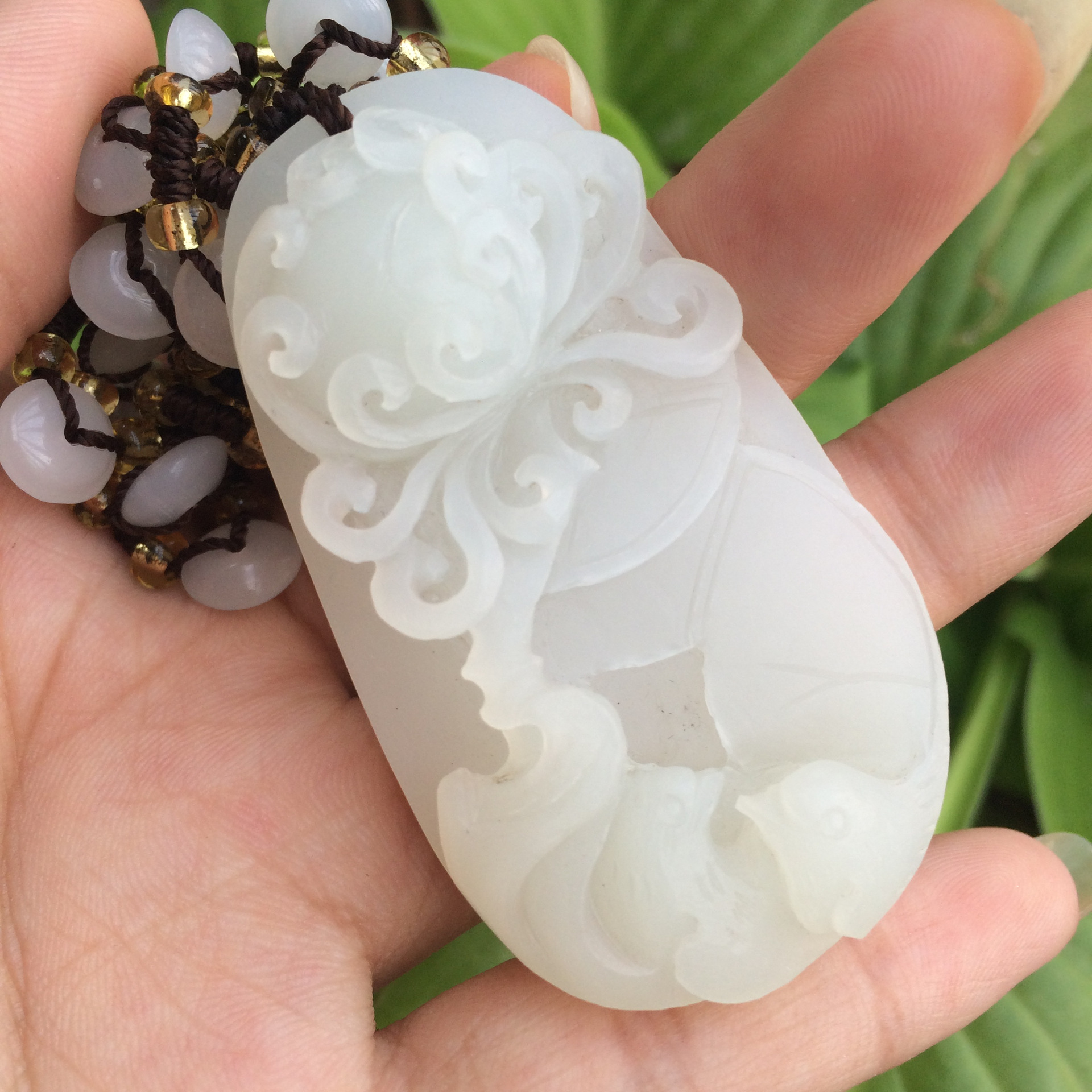 天然青海料白玉话来富贵挂件 纯手工雕刻昆仑料玉吊坠