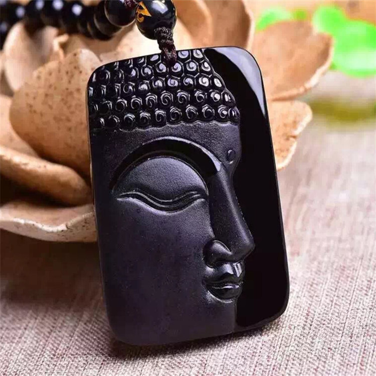 天然黑曜石吊坠 磨砂款释迦摩尼半脸 佛头侧面项链 佛祖如来挂坠