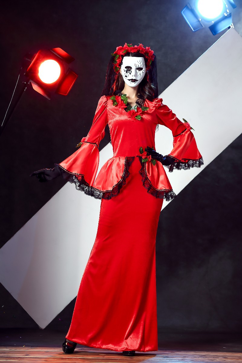 万圣节新款干尸鬼新娘大红色蕾丝花边新娘服装 cos舞台演出服代发