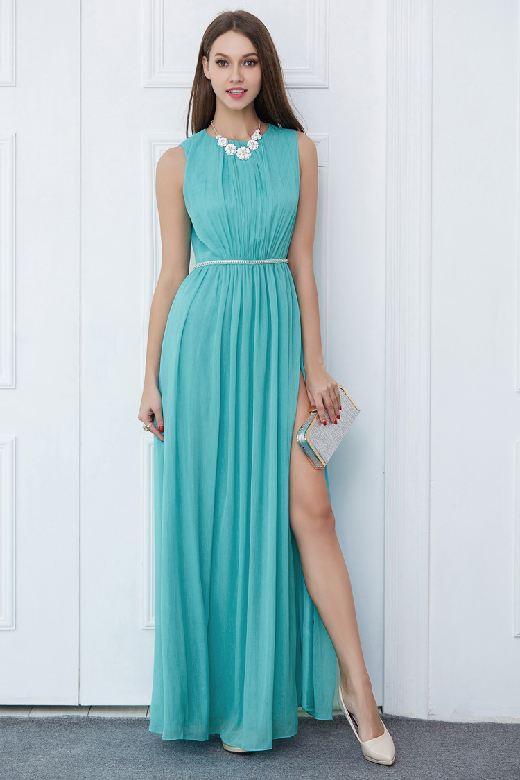 跨境亚马速卖热销新款雪纺无袖褶皱时尚礼服长裙开叉钉钻晚礼服伴