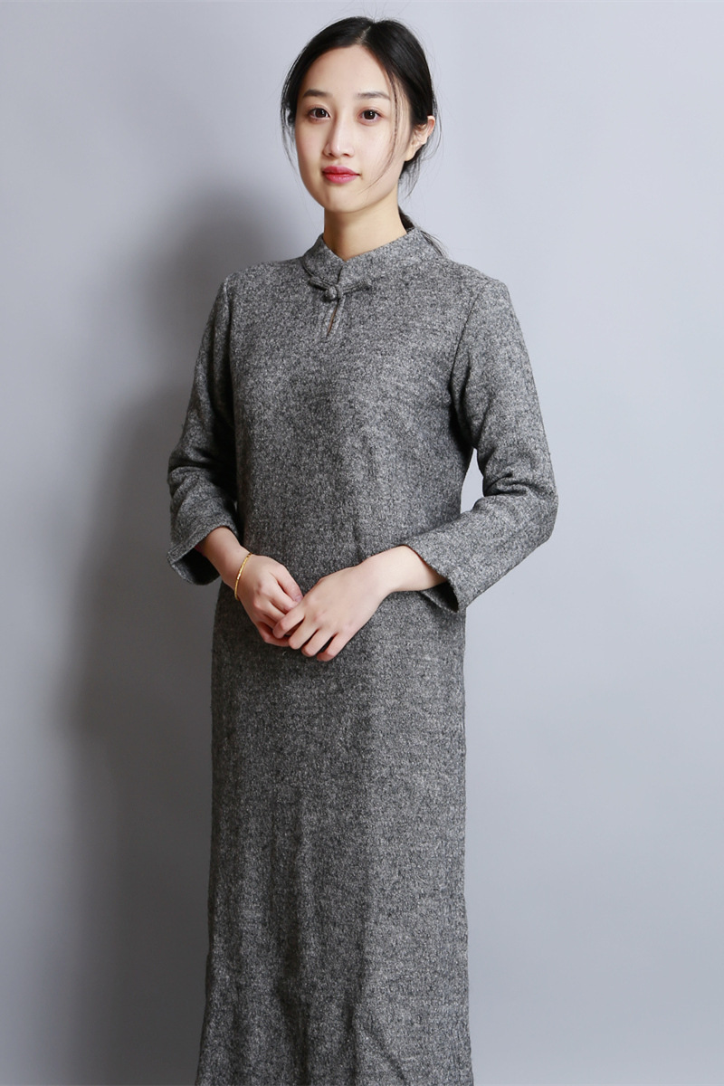 由俭之琴棋书画 羊毛立领盘扣秋冬汉服连衣裙复古唐装中国风女装