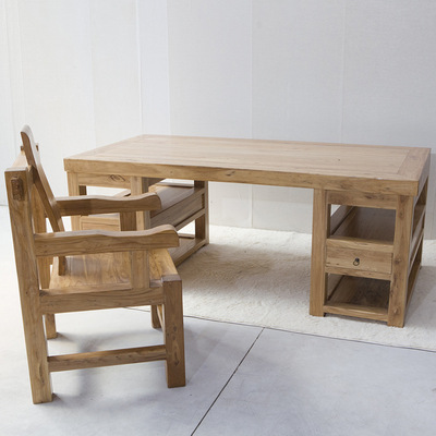 中式老榆木大班桌 纯实木抽屉老板台 实木老板椅桌椅组合