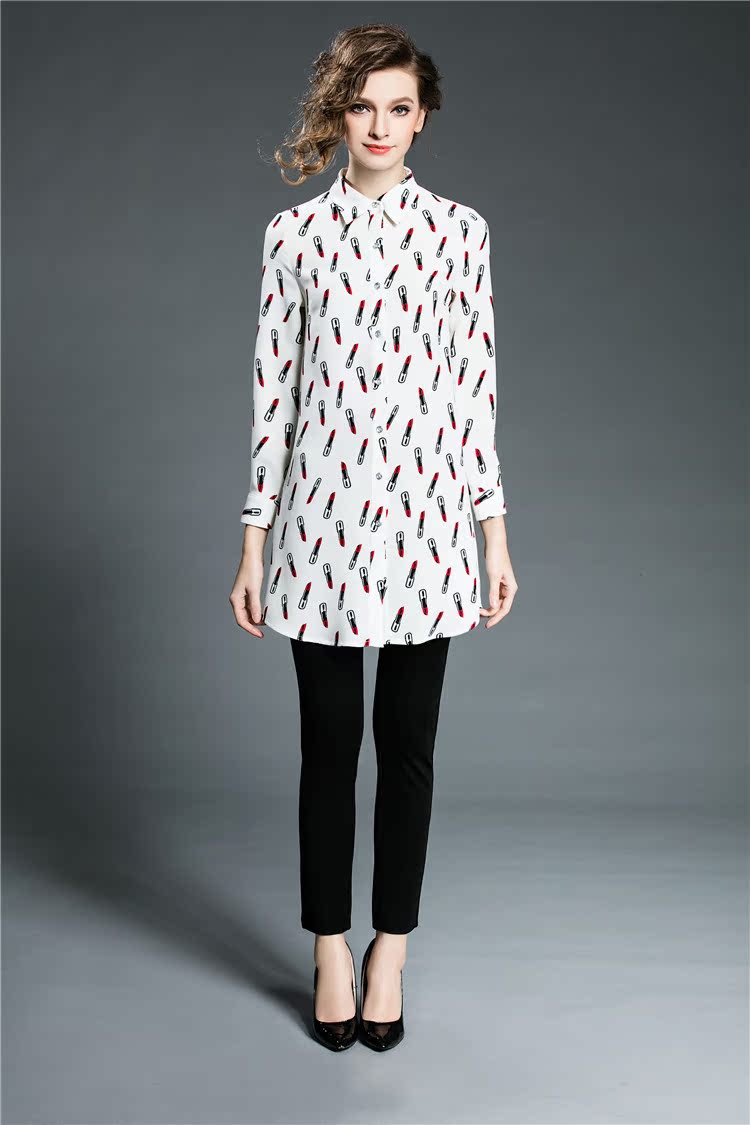 欧洲站2016春夏季新款女装 时尚修身立领口红印花口红雪纺连衣裙