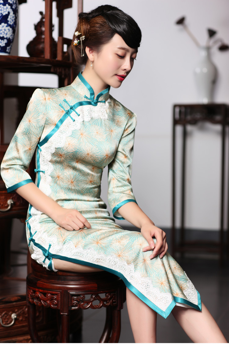 蝶恋2016春夏装新款 时尚改良拼接旗袍裙 复古修身长款.