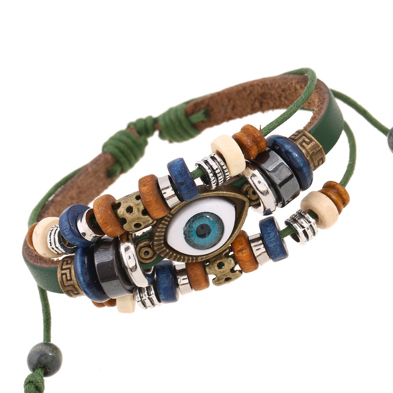 Cross-Border Popular Ornament New Beaded Eyes Cattle Leather Bracelet Pull-out Adjustable Couple Leather Bracelet European and American Style Jewelry