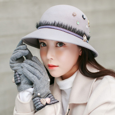十一川 手工手缝钉珠款盆帽 英伦秋冬新款羊毛毛呢帽毡帽女