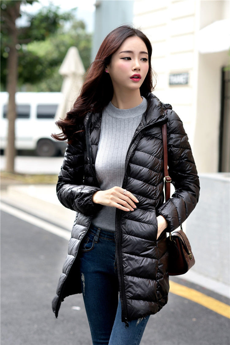 冬季新款女装修身轻薄轻便连帽羽绒服女中长款超薄款大码