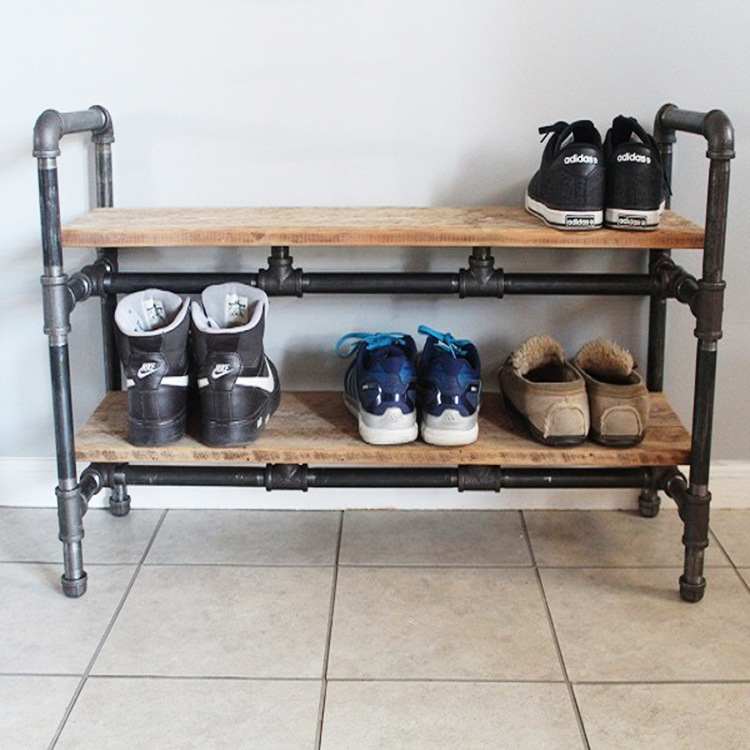 铁艺落地置物架复古铁艺水管鞋架 实木层架落地式多层客厅鞋架