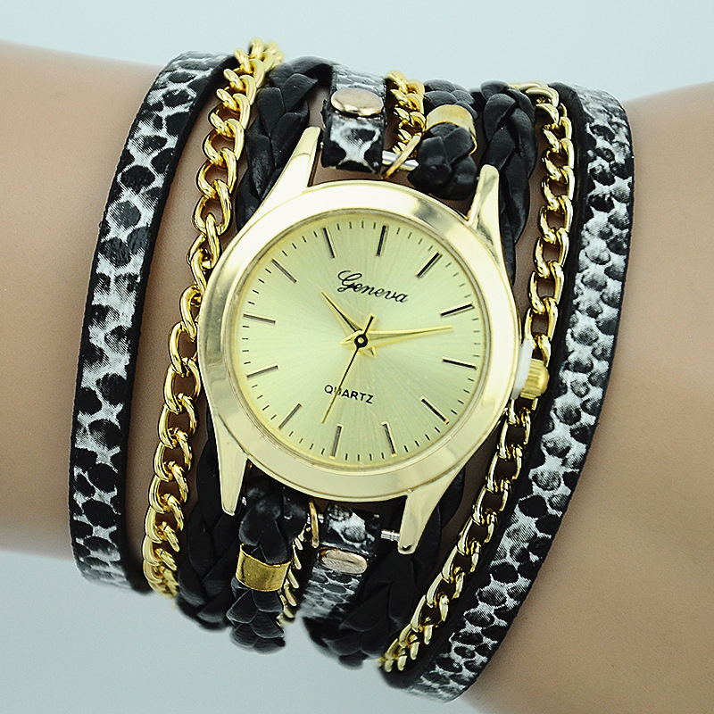 2016 新款女士手链表 豹纹编制 爆款女士手表 日内瓦 手表 女款