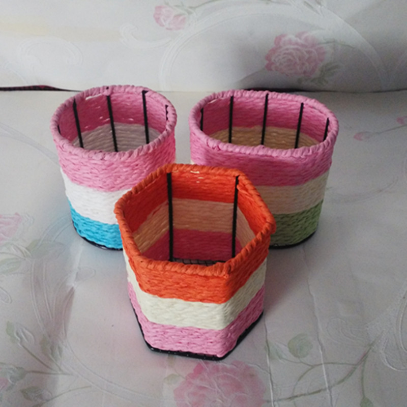 厂家直销手工编织彩色绳编小笔筒桌面办公收纳圆形椭圆六角笔筒