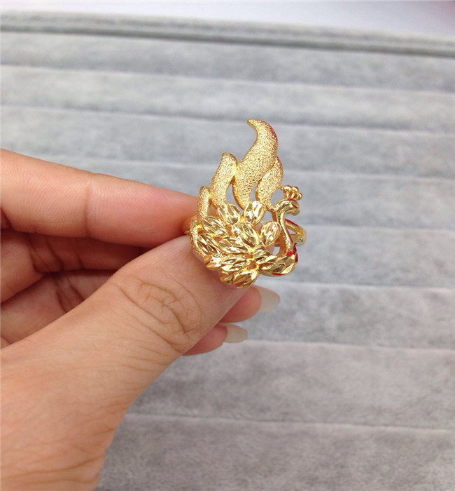 越南沙金欧币金新款结婚首饰品黄金戒指女士孔雀凤凰情侣对戒开口