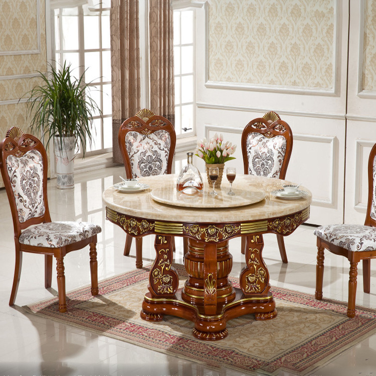 欧式大理石餐桌椅组合 西餐厅实木雕花餐桌 客厅奢华橡木圆桌热销