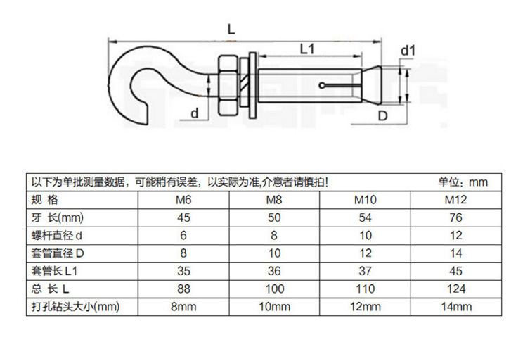 国标gb22795 304不锈钢膨胀螺丝 膨胀吊钩膨胀螺栓.