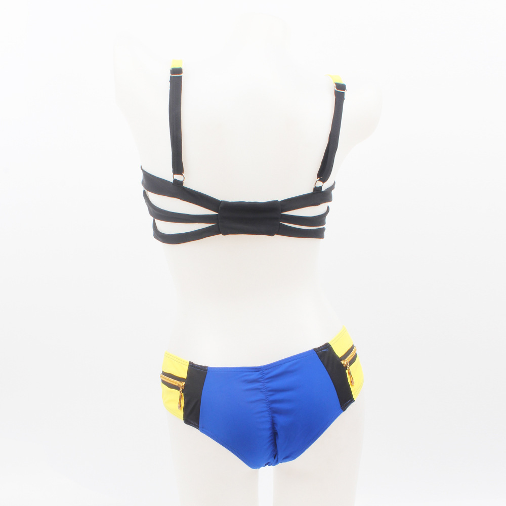 自拍模特bikini拉链女式比基尼拼色分体游泳衣钢托聚拢绑带泳装
