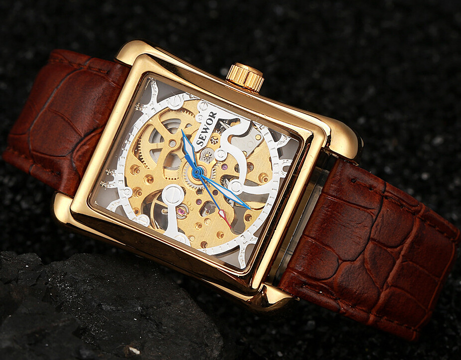 品牌手表速卖通ebay爆款 sewor正品镂空男士机械表 时尚方形腕表