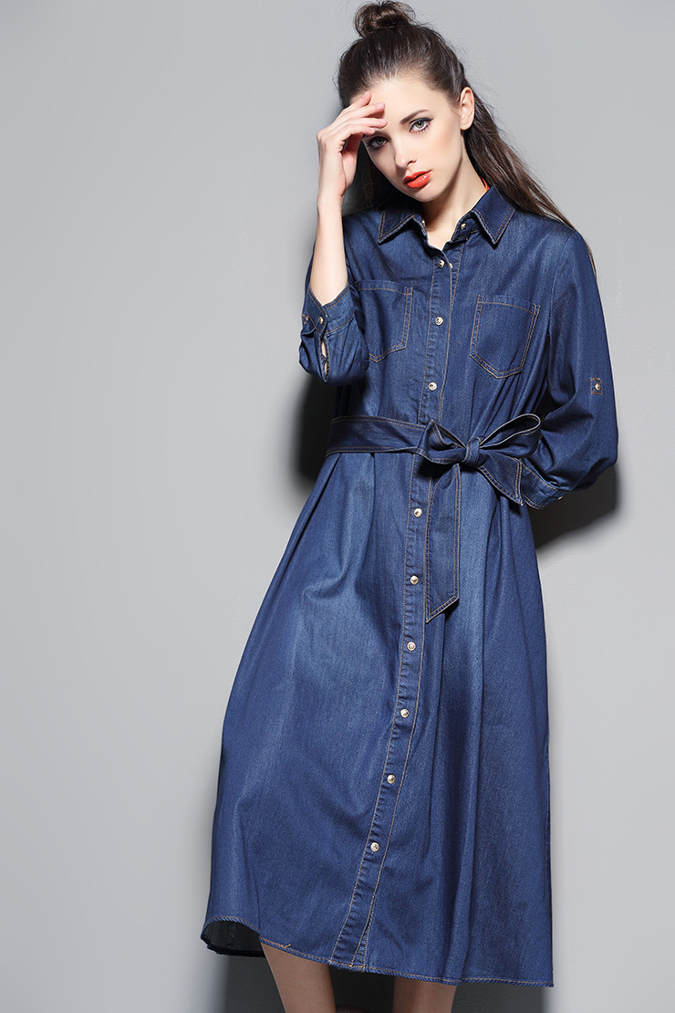 欧洲站2016秋季新款深蓝色显高气质七分袖牛仔新潮长连衣裙93530