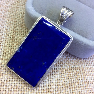 【永丽银饰】s925纯银镶纯天然阿富汗青金石无事牌长方形吊坠摆件