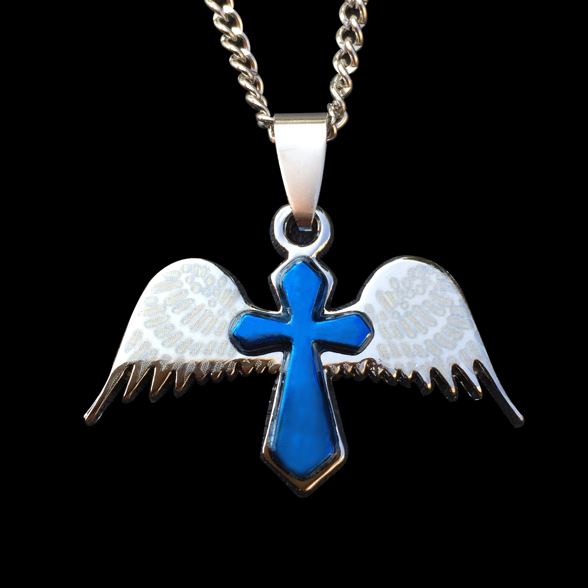 欧美时尚天使翅膀十字架项链 男女个性蓝色双层钛钢情侣吊坠饰品