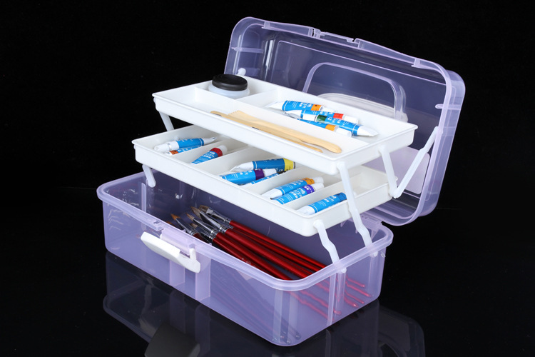 手提透明画箱 塑料画画工具箱 多功能美术绘画箱 三层收纳箱盒美