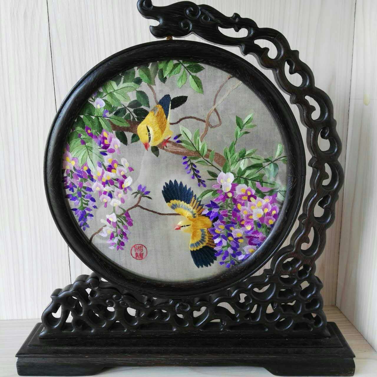 中国湘绣 特色礼品湘绣 25厘米曲架双面手工湘绣 高档次礼品