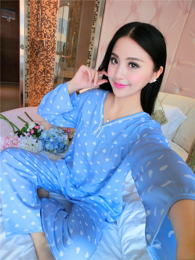 新款长袖女士纯棉绸棉绸家居服春秋季可爱人造棉布睡衣薄款夏季.