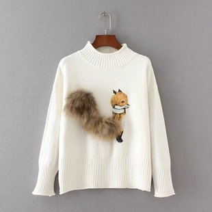 小狐狸图案真毛尾巴高领套头短款毛衣女毛针织衫女装2016秋冬新款