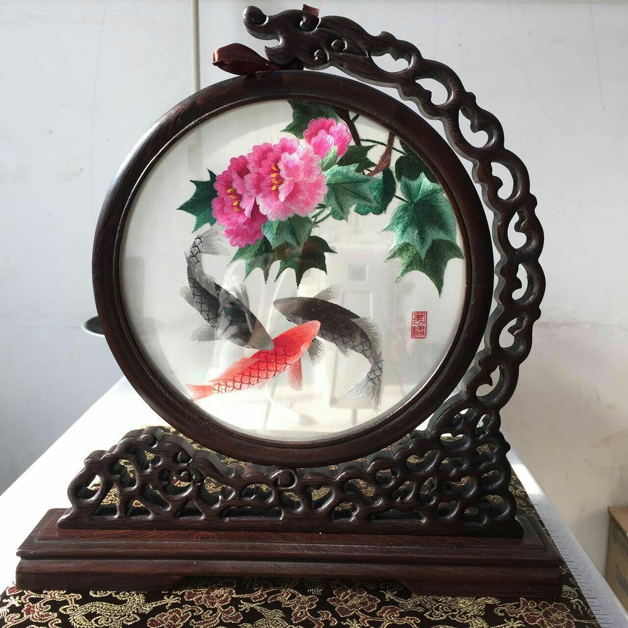 蜀绣 芙蓉鲤鱼 装饰摆件苏湘粤绣高档手工制作刺绣 工艺礼品批发