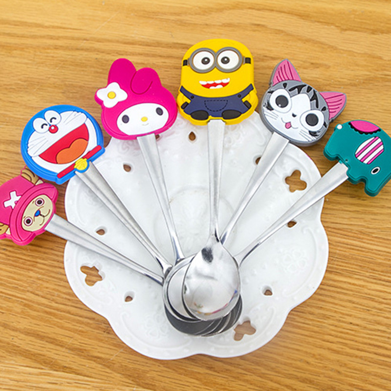 t可爱卡通不锈钢勺子 卡通咖啡搅拌勺 时尚硅胶防烫勺柄