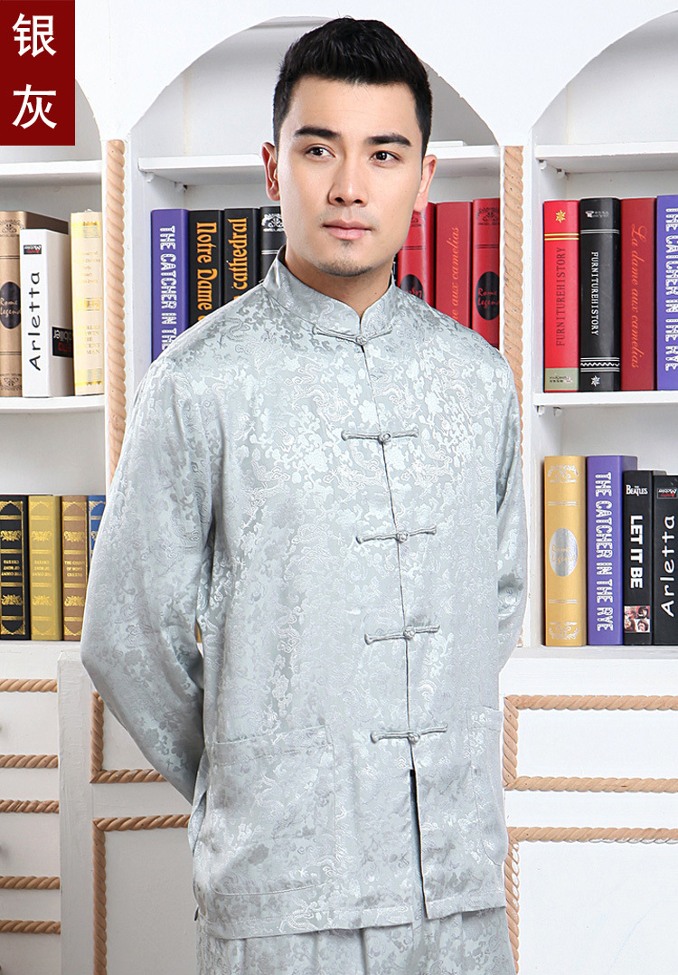 中老年长袖唐装男上衣 春夏季长袖真丝民族服装汉服桑蚕丝唐装男