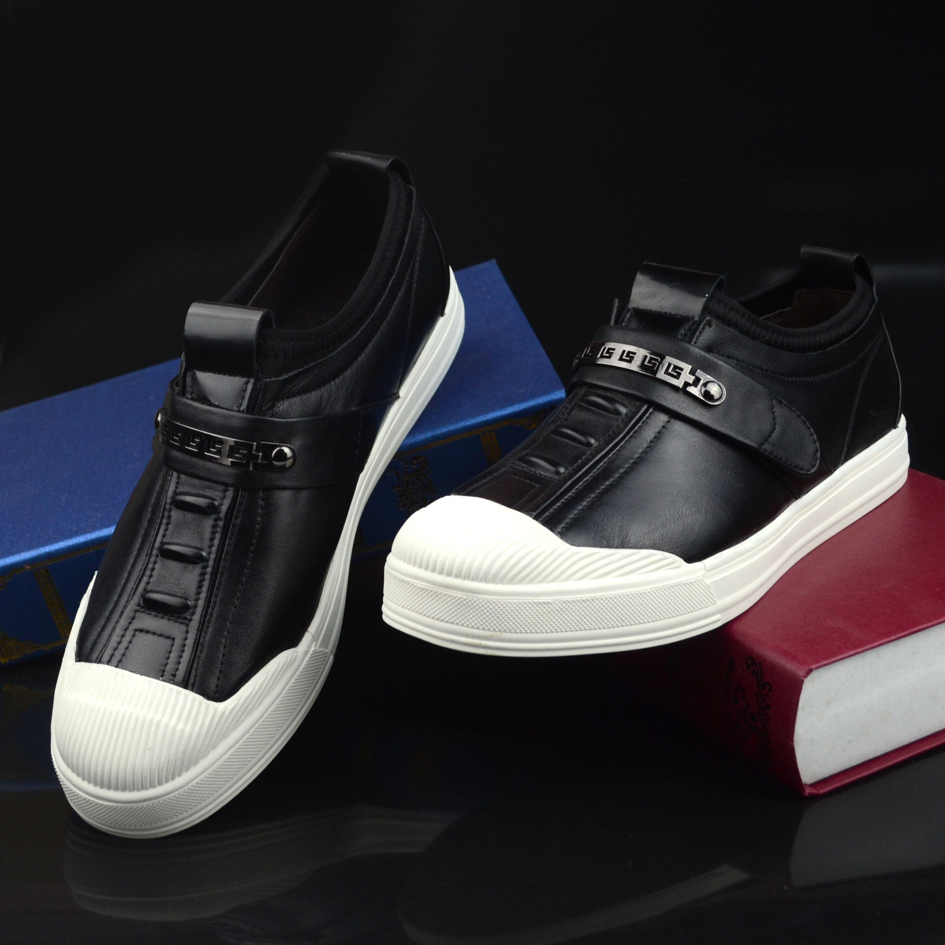 温州品牌秋季新款头层牛皮休闲鞋真皮男鞋底包头白底板鞋一脚蹬鞋